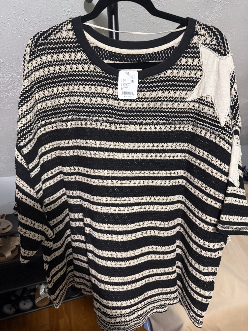 We The Free Black and Cream Striped Crewneck Sweater with Star Accent